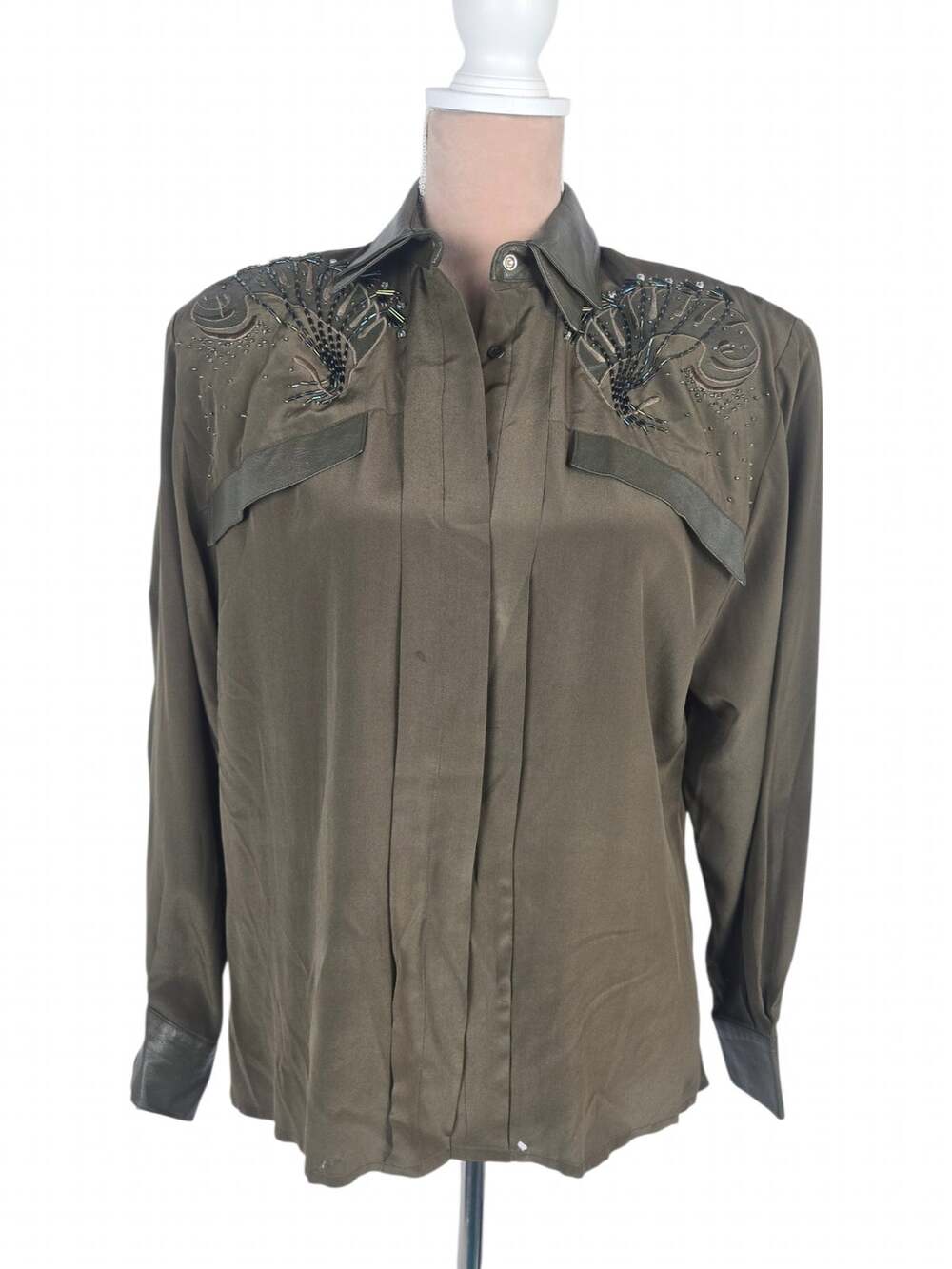 Lillie Rubin Vintage 100% Silk Beaded Blouse Shoulder Pads Olive Green As Is 6